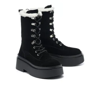 【MISS 21】毛茸茸個性綁帶牛麂皮拼接大頭厚底中筒靴(黑)