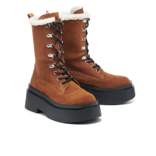 【MISS 21】毛茸茸個性綁帶牛麂皮拼接大頭厚底中筒靴(棕)