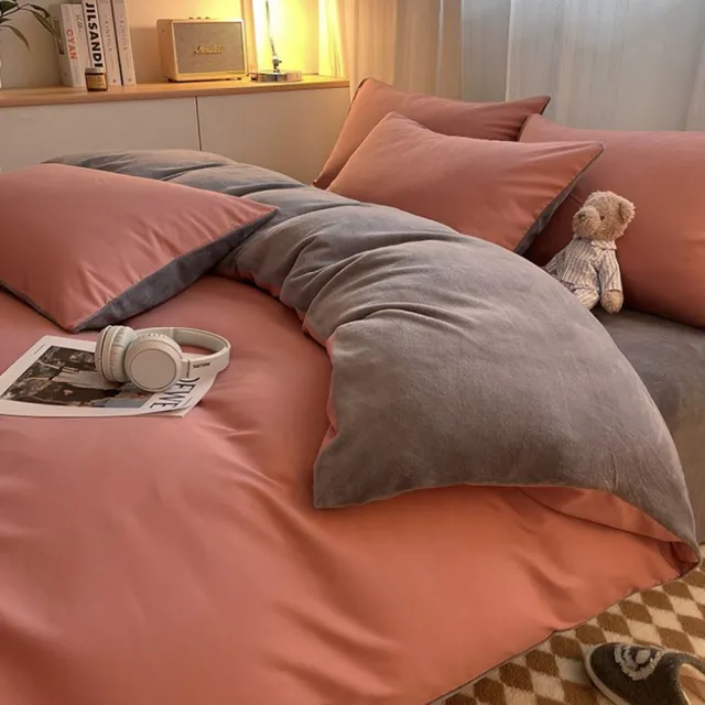 素色絨雙人床包枕套3件組無被套(豆沙+灰色)