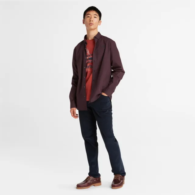 【Timberland】男款暗紅色格紋府綢格紋長袖襯衫(A2AEJJ60)