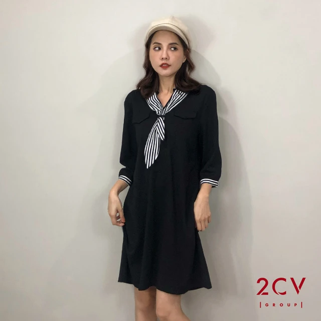 【2CV】現貨 冬新品 條紋領巾造型連身洋裝QF011