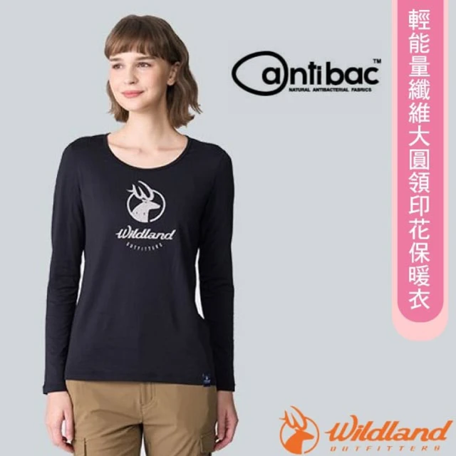 Wildland 荒野 女 輕能量纖維大圓領印花長袖保暖衣(0B12663-54 黑)