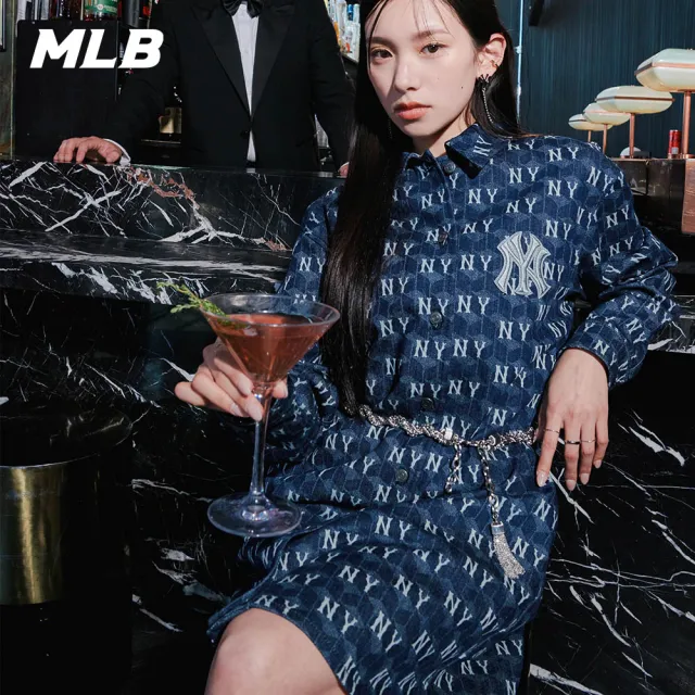 【MLB】女版牛仔丹寧長版襯衫 連身裙 CUBE MONOGRAM系列 紐約洋基隊(3FDDM0734-50NYD)