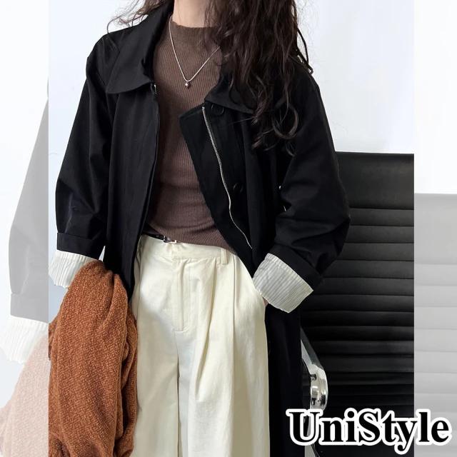 【UniStyle】長袖風衣外套 中長款袖口條紋拼接大衣  女 UV7058(黑)