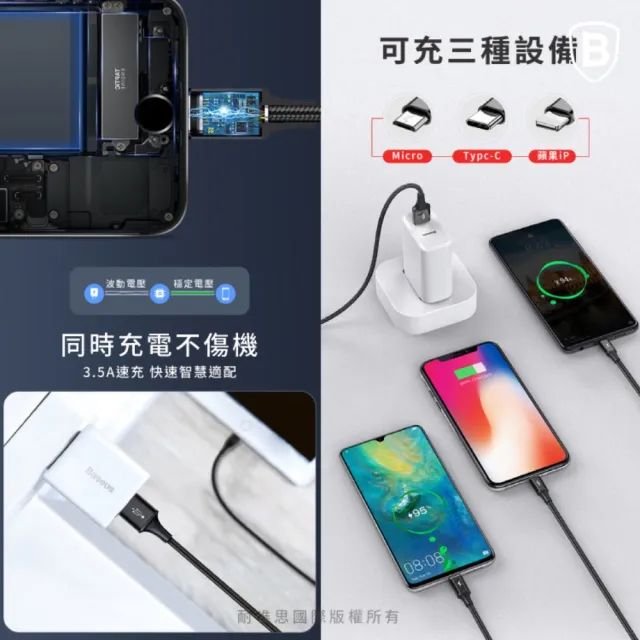 【BASEUS】倍思 3.5A極速一拖三充電線 Micro+Lightning+Type-C 120公分(三合一充電線)