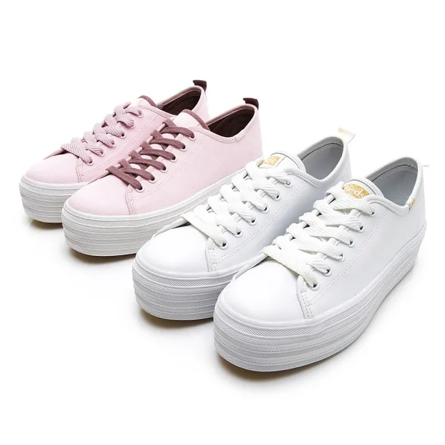 【Keds】TRIPLE UP 小心機厚底皮革綁帶休閒小白鞋-白(9193W132811)