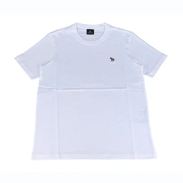 【Paul Smith】PAUL SMITH衣領簽名標LOGO純棉質彩斑馬刺繡圖圓領短袖T恤(男款/白)