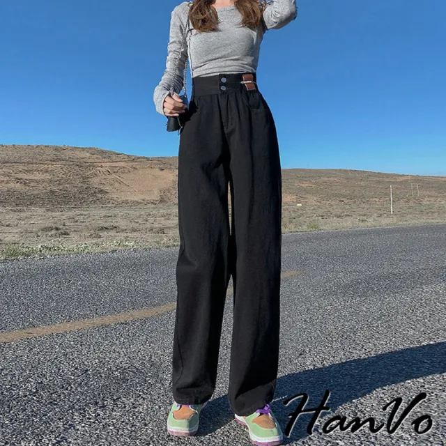 【HanVo】現貨 雙扣高腰直筒牛仔褲長褲(硬挺有型寬鬆顯瘦長褲 女生長褲 A04-2612)