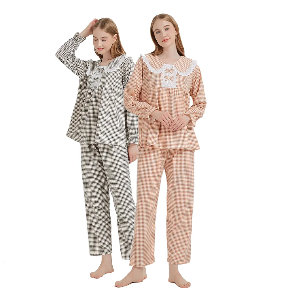 【蕾妮塔塔】花邊小方格 針織長袖兩件式睡衣(R27217兩色可選)
