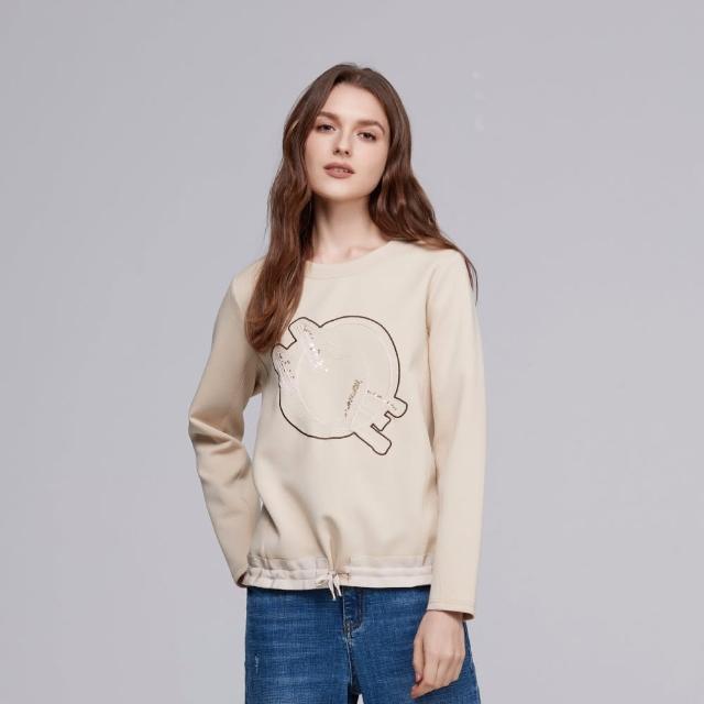 【MYSHEROS 蜜雪兒】網路獨家商品 棉質大學T 亮片刺繡演墜 下擺抽繩設計(米)