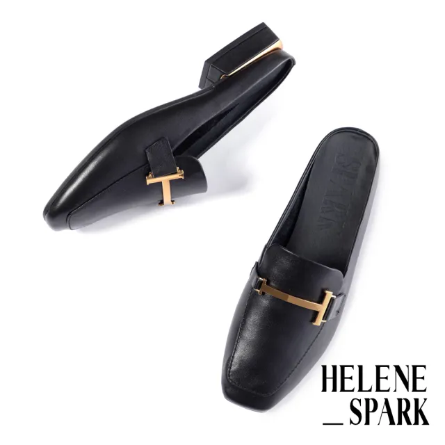 【HELENE_SPARK】復古古銅金釦全真皮低跟穆勒拖鞋(黑)