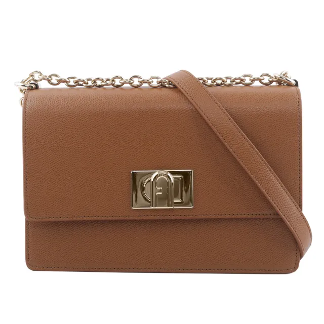 【FURLA 芙拉】1927 拱門轉釦小款翻蓋鏈帶二用包(白蘭地酒色)