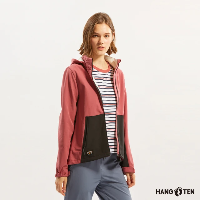 Hang Ten 女裝-恆溫多功能-防風防輕潑水可拆帽貼合軟殼刷毛撞色外套(淺紫紅)