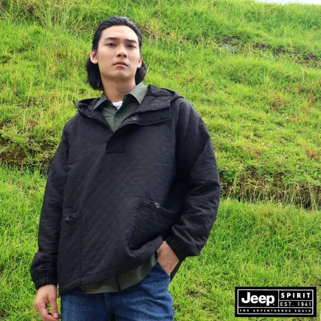 【JEEP】男裝 菱紋工裝連帽衝鋒外套(黑色)