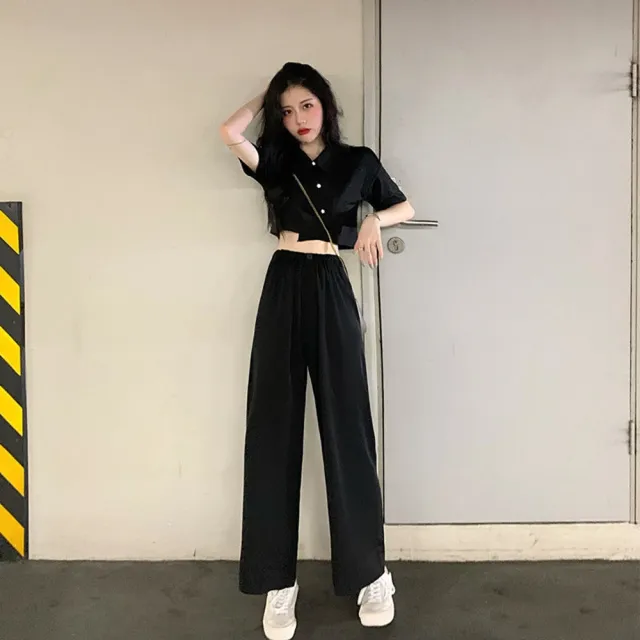 【D.studio】韓版氣質小個子顯瘦短版上衣+寬褲(兩件套裝 短袖上衣 短袖t恤 褲子 長褲 休閒褲 S120)