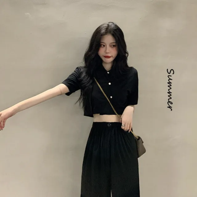 【D.studio】韓版氣質小個子顯瘦短版上衣+寬褲(兩件套裝 短袖上衣 短袖t恤 褲子 長褲 休閒褲 S120)