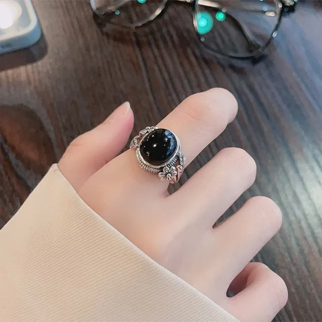 【MoonDy】戒指 純銀戒指 花戒指 銀戒指 韓國戒指 食指戒指 黑色戒指 開口戒指 復古戒指  