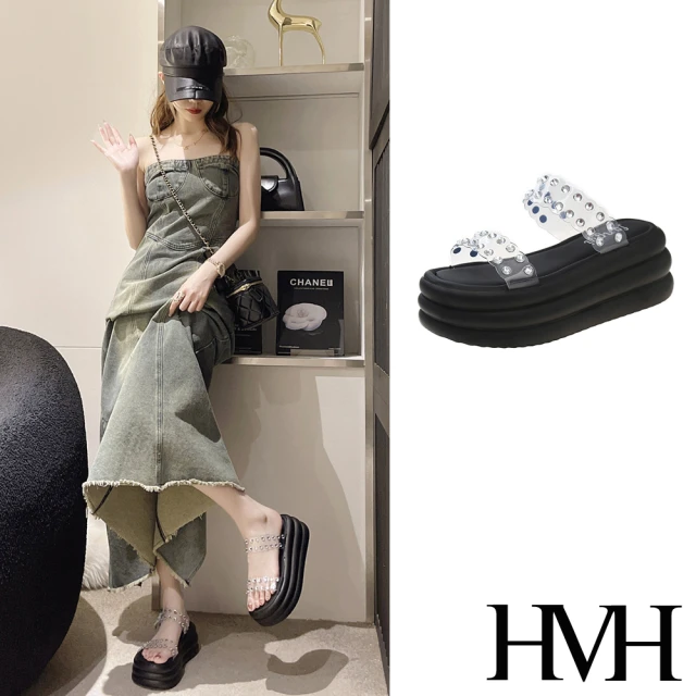 【HMH】厚底拖鞋 一字帶拖鞋/閃耀美鑽透明一字帶造型厚底拖鞋(黑)