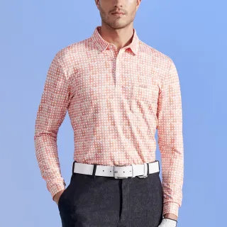 【PING】男款水彩格吸濕排汗口袋款薄長袖POLO衫-粉橘(GOLF/高爾夫球衫/PA23203-25)