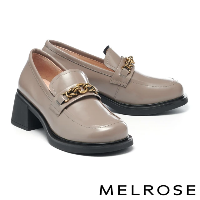 MELROSE 美樂斯 質感美學純色鍊條開邊珠牛皮樂福高跟鞋