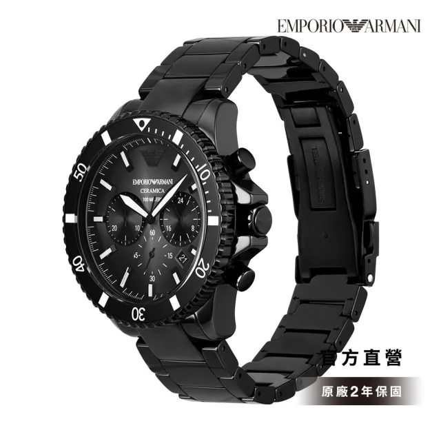 【EMPORIO ARMANI 官方直營】Diver 摩登暗黑三眼手錶 黑色陶瓷錶帶 43MM AR70010