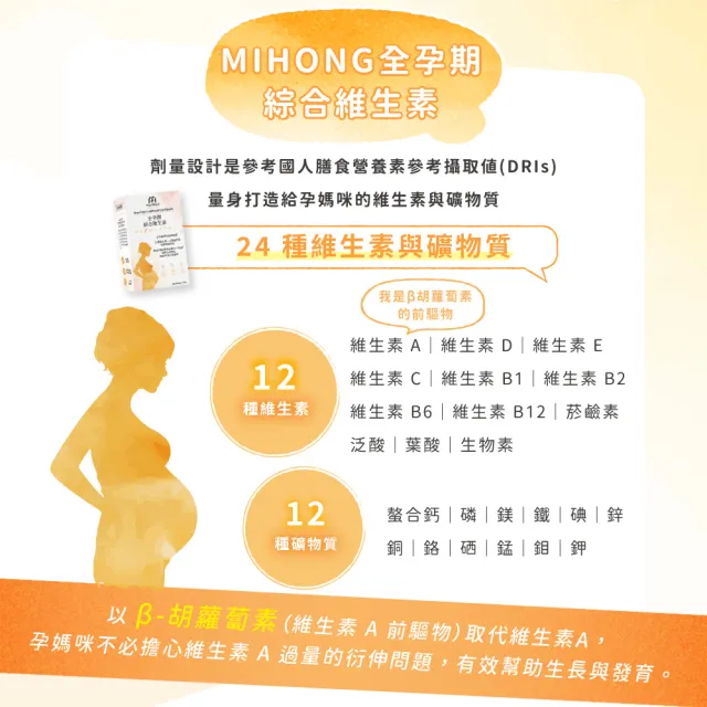 【MIHONG米鴻生醫】全孕期綜合維生素1盒(60顆 /盒-全孕期適用素食可食-添加益生菌.葉酸.鈣.肌醇)