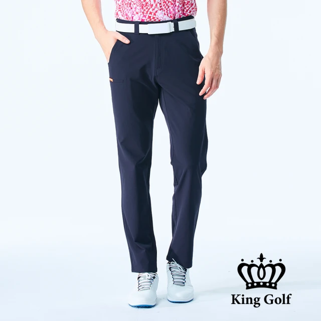 KING GOLF 門市新品-男款剪接拉鍊口袋彈性休閒素面高爾夫球長褲(深藍)