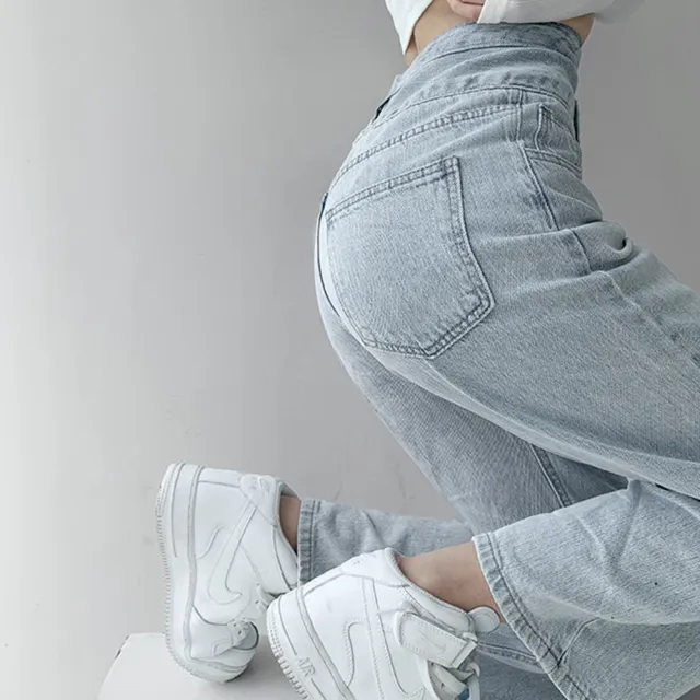 【D.studio】韓版復古色系高腰排扣直筒牛仔寬褲(長褲 拖地褲落地褲寬褲褲子長褲女裝高腰牛仔褲 P169)