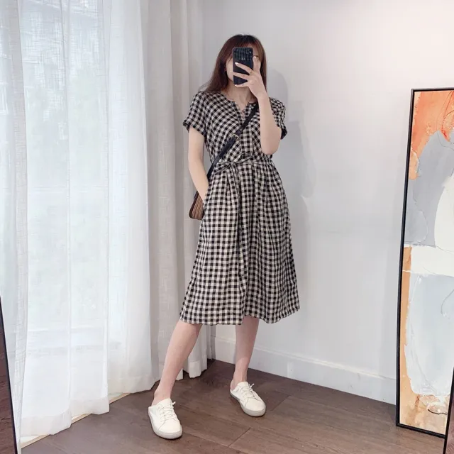【D.studio】韓版格子休閒收腰短袖洋裝(連衣裙 洋裝 連身裙 上衣 套裝 短袖上衣 女裝 裙裝 短袖洋裝 S183)