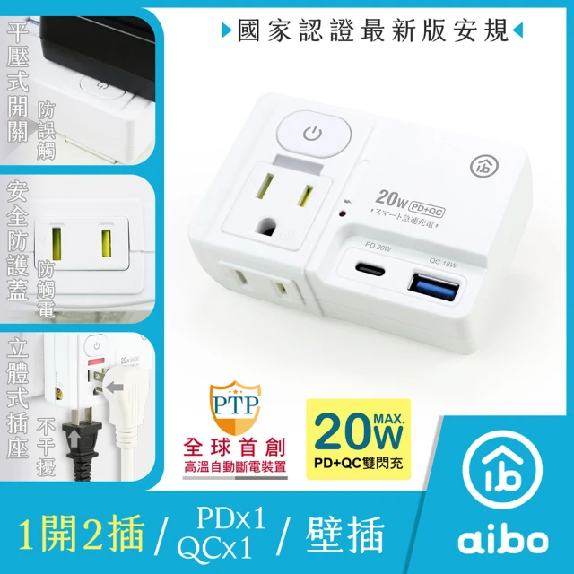 【aibo】平壓式1開2插 高溫斷電智慧PD20W快充USB壁插