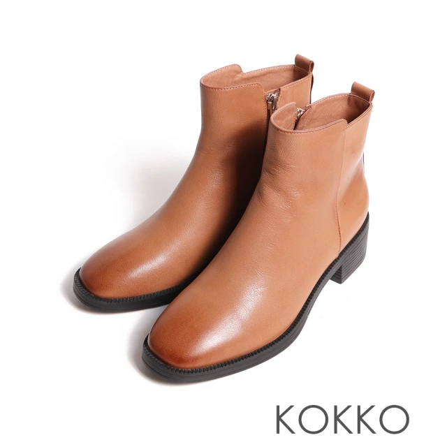 KOKKO 集團 低調個性方頭拉鍊低跟短靴(棕色)
