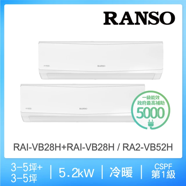 RANSO 聯碩 3-5坪+3-5坪(一對二變頻冷暖分離式冷氣RAI-VB28H+RAI-VB28H_RA2-VB52H)