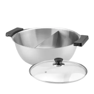 【Chieh Pao 潔豹】304不鏽鋼康潔雙格火鍋 32CM 5.5L附強化玻璃蓋(湯鍋/鴛鴦鍋/分隔鍋)