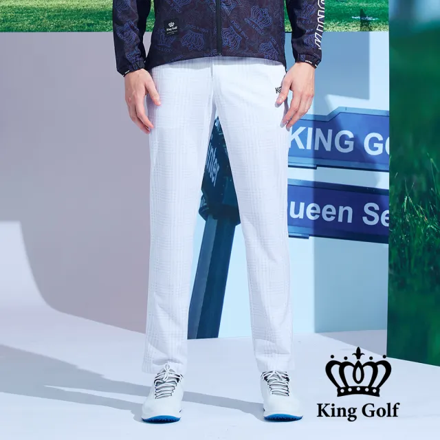 【KING GOLF】男款側腰鬆緊千鳥紋格紋印花高爾夫球長褲(白色)