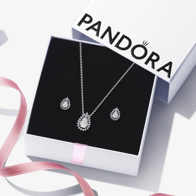 Pandora 潘多拉 璀璨鑲邊梨形項鏈耳環套組