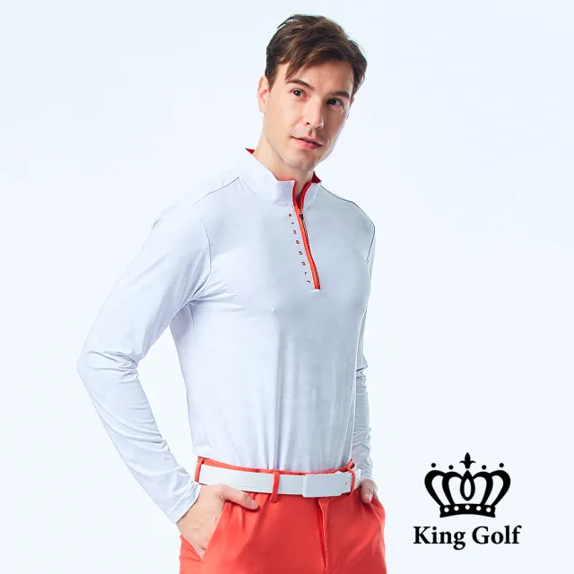 【KING GOLF】男款薄款立領拉鍊滿版迷彩KG印花長袖POLO衫/高爾夫球衫(白色)