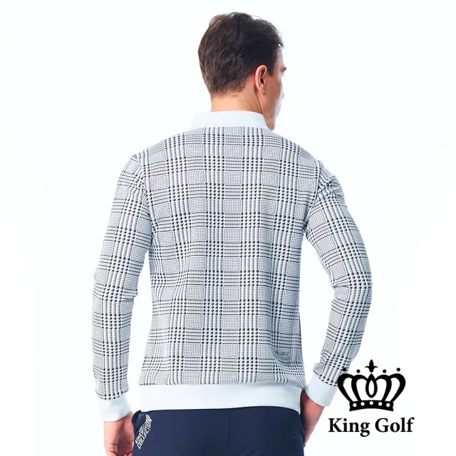 【KING GOLF】男款中厚款小立領滿版千鳥格圖形長袖POLO衫/高爾夫球衫(白色)