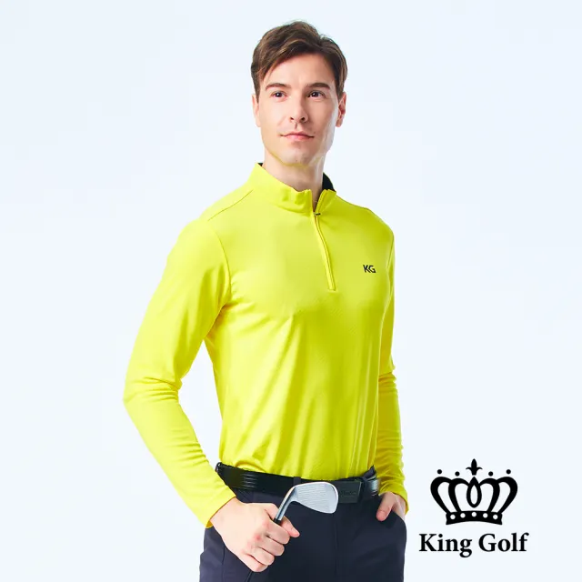 【KING GOLF】男款薄款立領拉鍊菱格線條印圖長袖POLO衫/高爾夫球衫(亮黃)