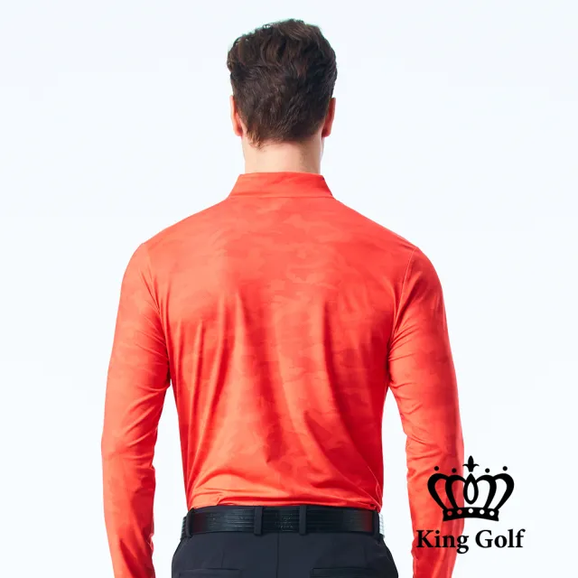 【KING GOLF】男款薄款立領拉鍊滿版迷彩KG印花長袖POLO衫/高爾夫球衫(橘紅色)