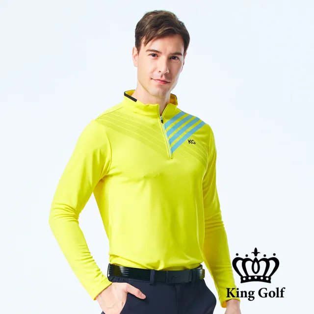 【KING GOLF】男款薄款立領拉鍊線條幾何圖形長袖款式POLO衫/高爾夫球衫(黃色)