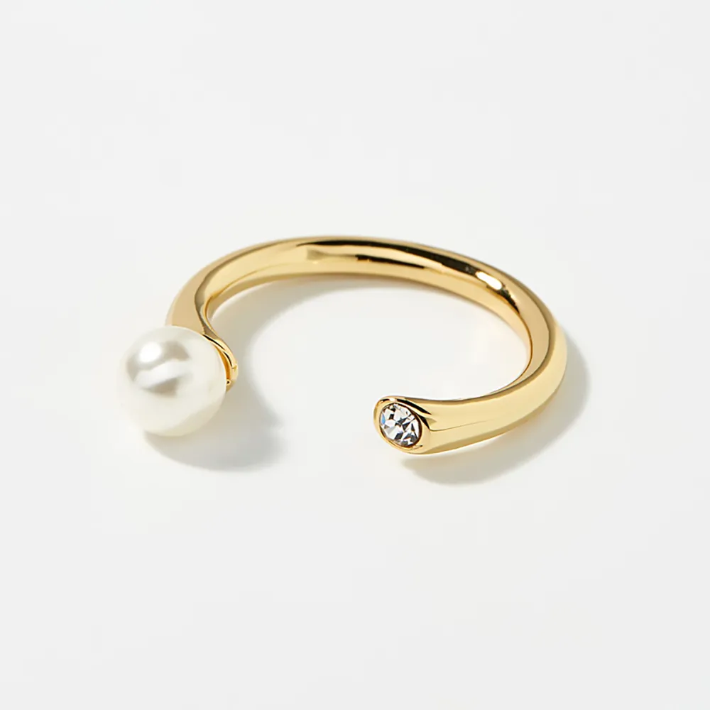 【SHASHI】紐約品牌 MONA 珍珠白鑽雙墜 C型戒指 925純銀鑲18K金(珍珠白鑽雙戒指)