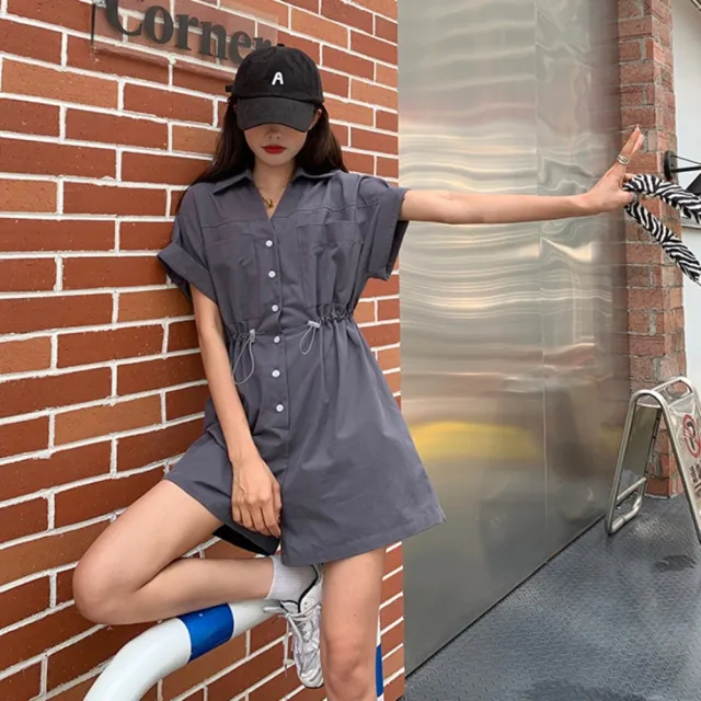 【D.studio】韓版收腰顯瘦工作服連衣裙(套裝短褲短袖上衣短袖t恤女裝顯瘦上衣寬鬆上衣素T洋裝 S197)