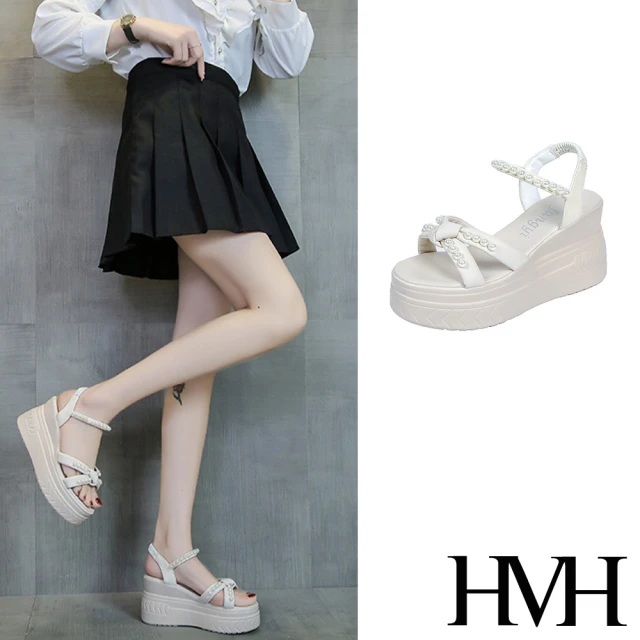 HMH 坡跟涼鞋 厚底涼鞋/甜美珍珠交叉蝴蝶結造型坡跟厚底涼