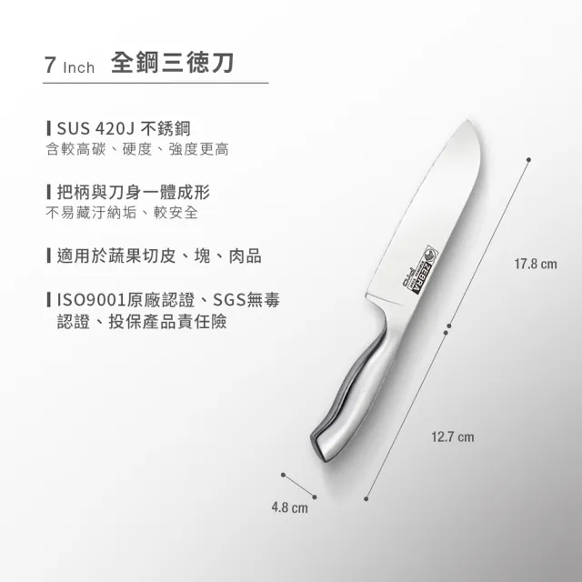【ZEBRA 斑馬牌】全鋼三德刀 Pro - 7吋 / 菜刀 / 料理刀 / 切刀(國際品牌 質感刀具)