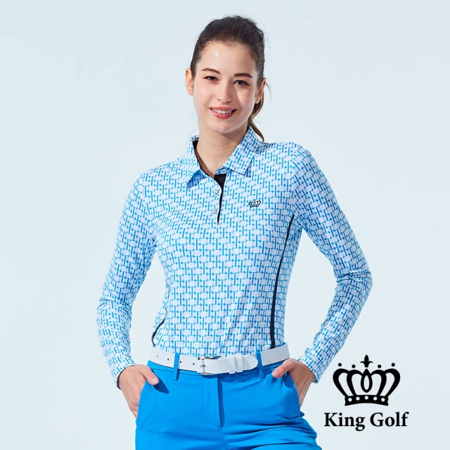 KING GOLFKING GOLF 門市新品-女款滿版水藍格紋印花長袖POLO衫/高爾夫球衫(藍色)