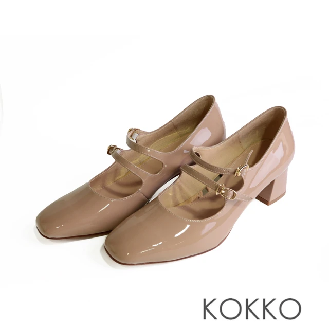 KOKKO 集團 復古優雅小方頭雙繫帶粗跟瑪莉珍鞋(可可色)