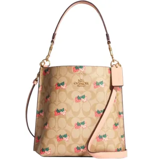 【COACH】草莓X卡其PVC滿版LOGO小款手提斜背水桶包