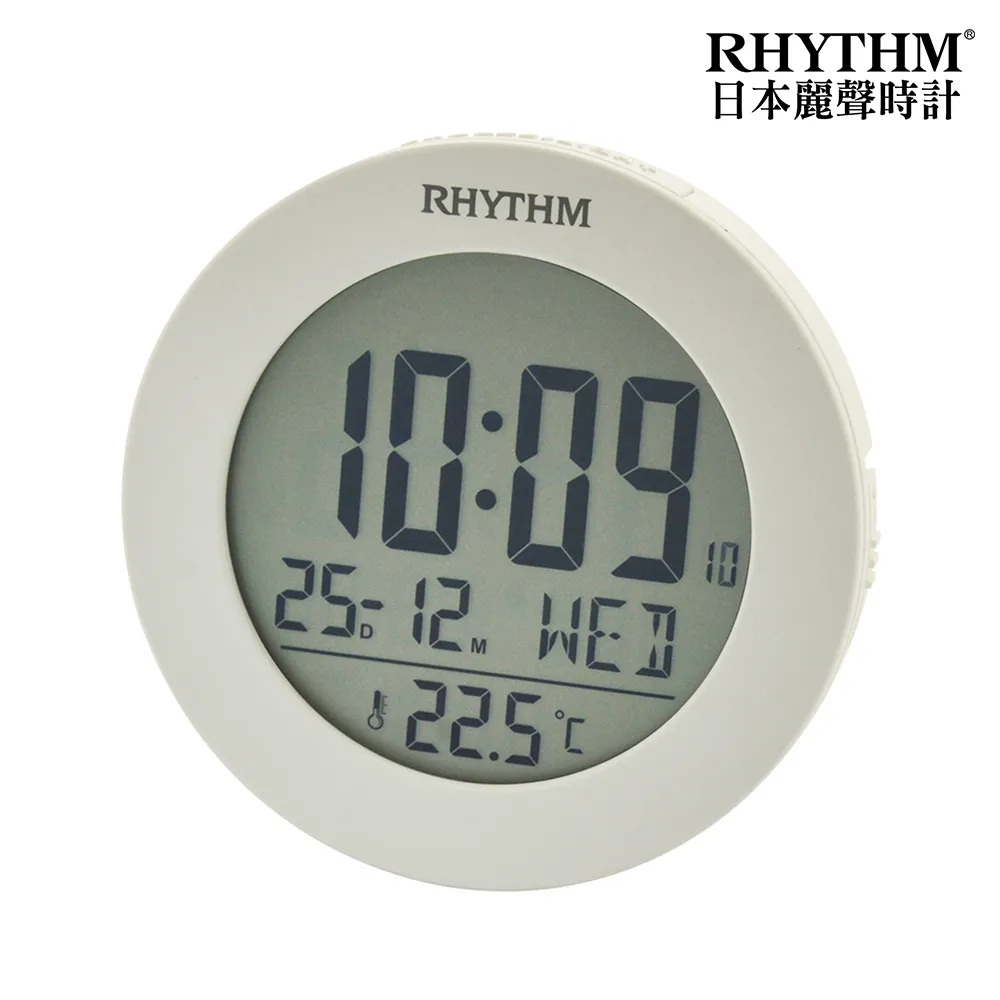 【RHYTHM 麗聲】工業款溫度顯示LED夜燈圓形電子鬧鐘(白色)