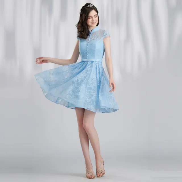 【OMUSES】蕾絲旗袍藍色短禮服B7-98729(S-2L)