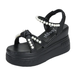 【HMH】坡跟涼鞋 厚底涼鞋/甜美珍珠交叉蝴蝶結造型坡跟厚底涼鞋(黑)